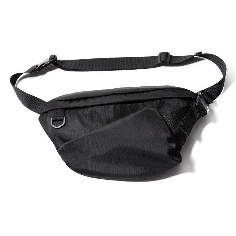 Black slanted chest bag made from Oxford fabric with sewing line details