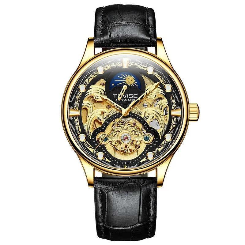 Men's waterproof automatic mechanical watch with leather strap and 16mm gold case