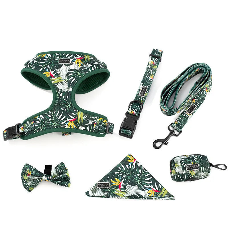 Six-piece adjustable dog harness set with vest, haulage rope, collar, waste bag, bow tie, and triangle scarf