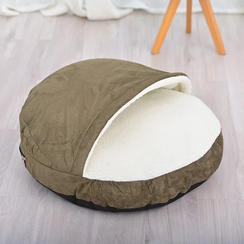 Brown and grey removable cloth dog kennel pet bed shown in small and medium sizes