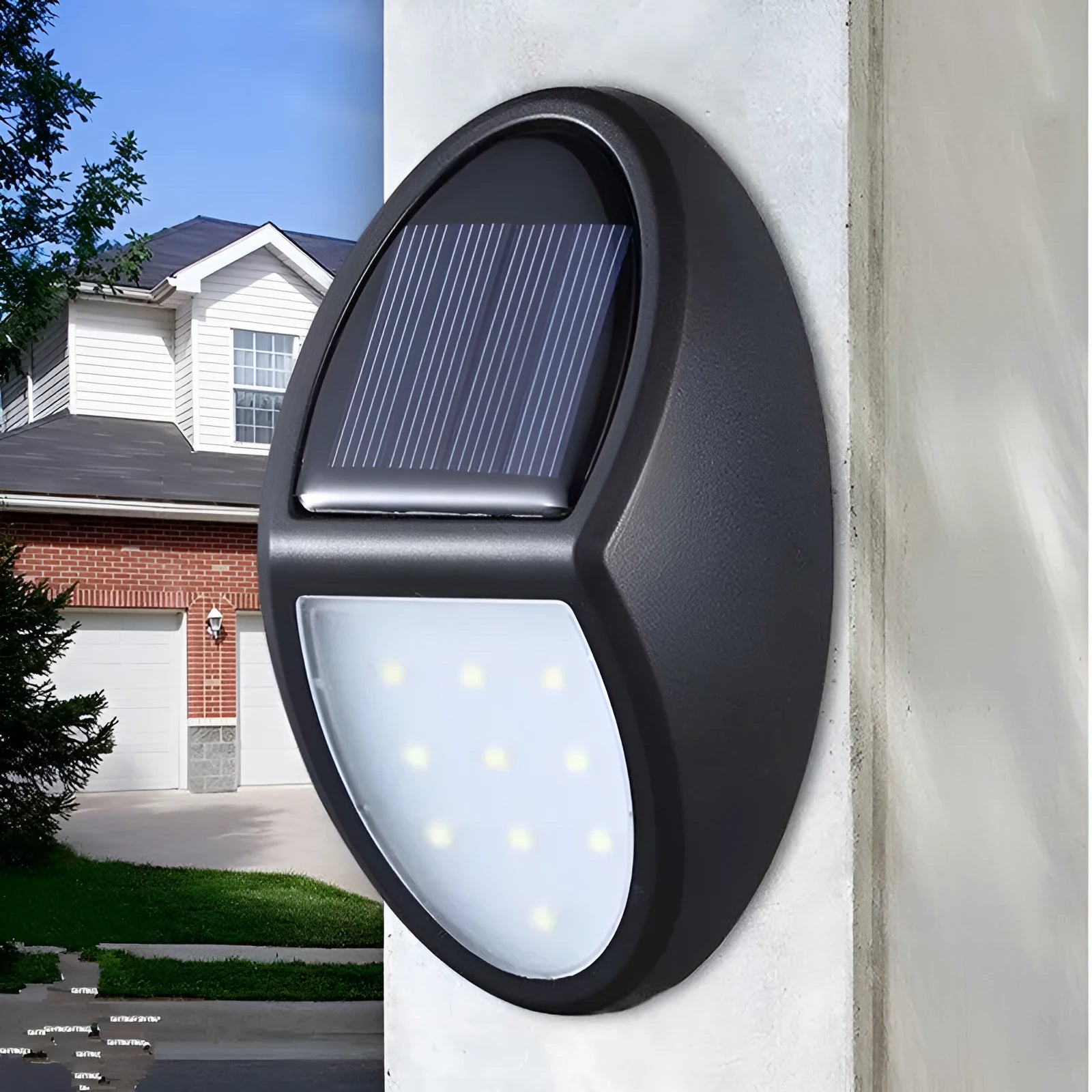 Black rectangular solar-powered LED wall light with automatic sensor for outdoor use.