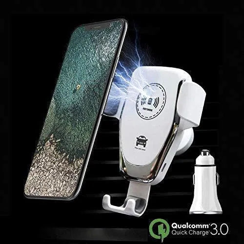 Black wireless car charger with phone clamped, mounted on a car ventilation vent.