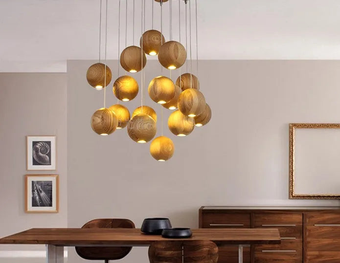 Nordic wood ball chandelier pendant light with adjustable height and solid wood construction