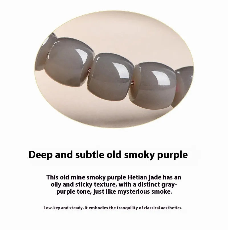 Natural Smokey Violet Hetian jade straight cut bracelet with 8x9mm beads.