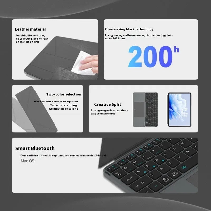 Grey folding Bluetooth keyboard for phablet and tablet devices showing compact folded position