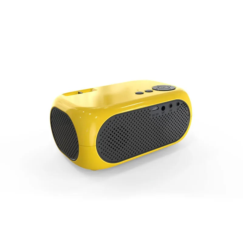 Compact gold or white M24 micro mini LED projector on a table with power adapter and AV cable.