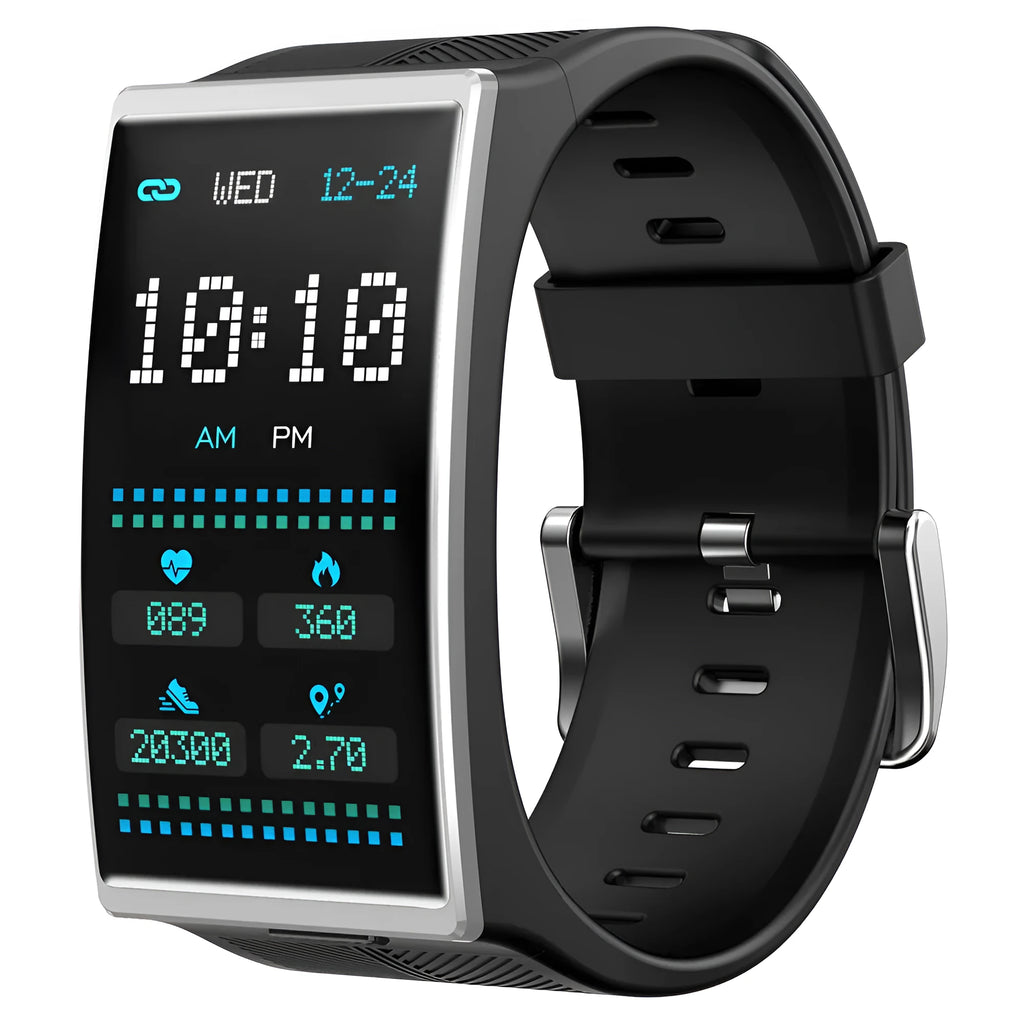Black Bluetooth sports watch with blood pressure monitoring on silicone wristband showing 1.91-inch touchscreen display