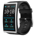 Black Bluetooth sports watch with blood pressure monitoring on silicone wristband showing 1.91-inch touchscreen display