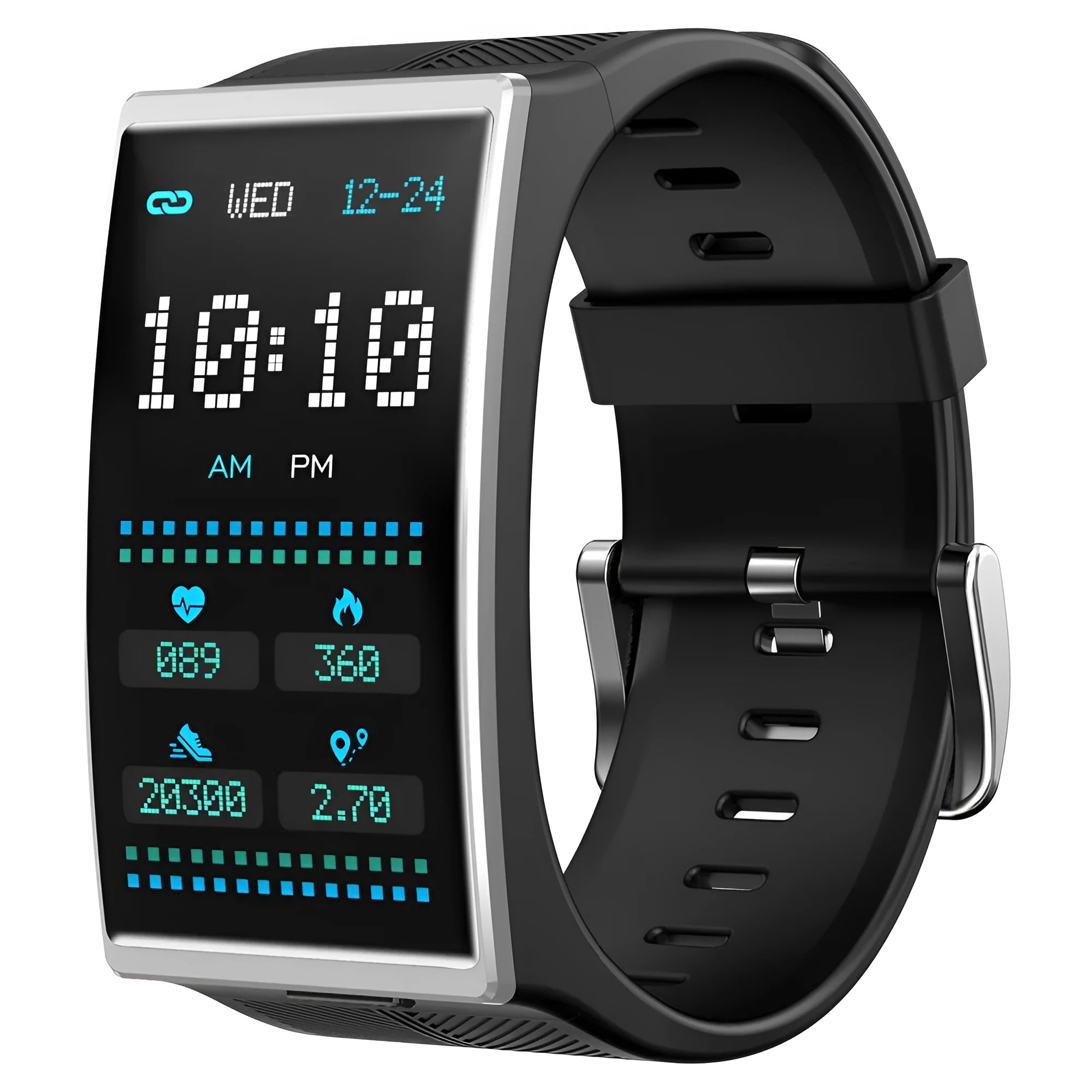 Black Bluetooth sports watch with blood pressure monitoring on silicone wristband showing 1.91-inch touchscreen display