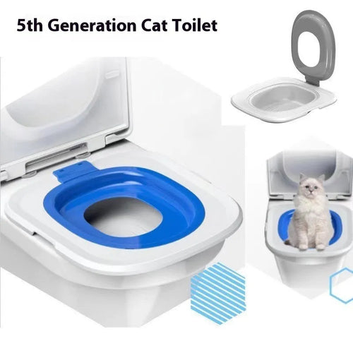 Fifth generation cat toilet trainer in blue ABS plastic with new shape design for litter training on a white background