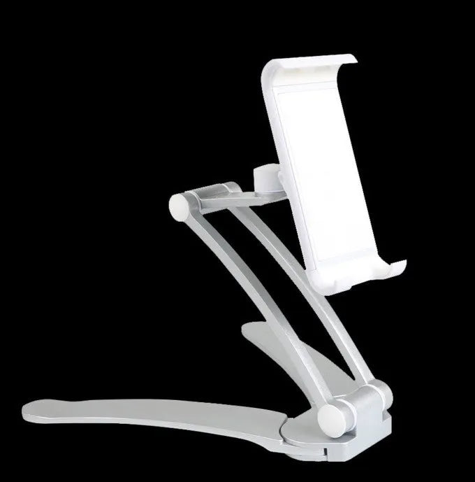 Silver aluminium alloy tablet stand with white mount and adjustable clip on a desktop