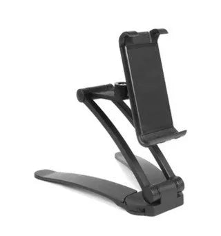 Silver aluminium alloy tablet stand with white mount and adjustable clip on a desktop