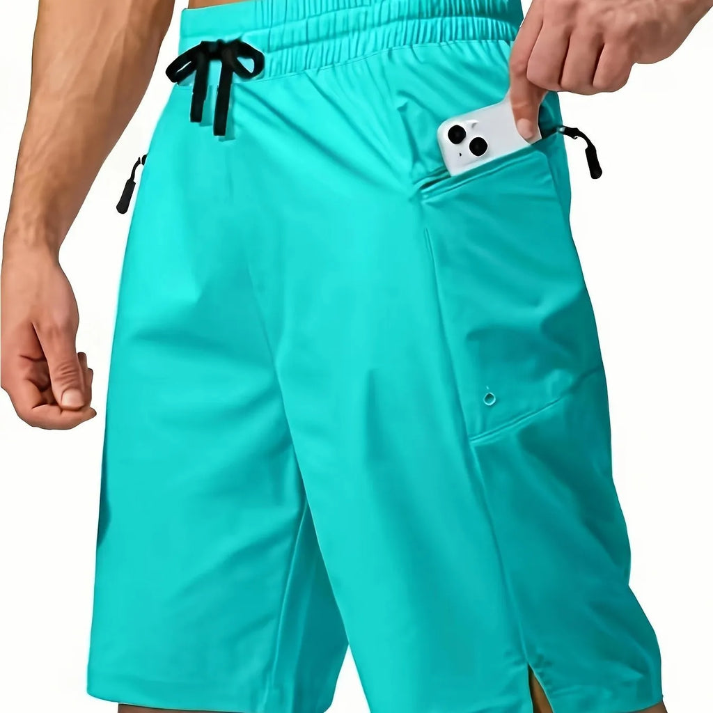 Men's solid colour quick-drying beach shorts in polyester fabric showing straight-leg cut