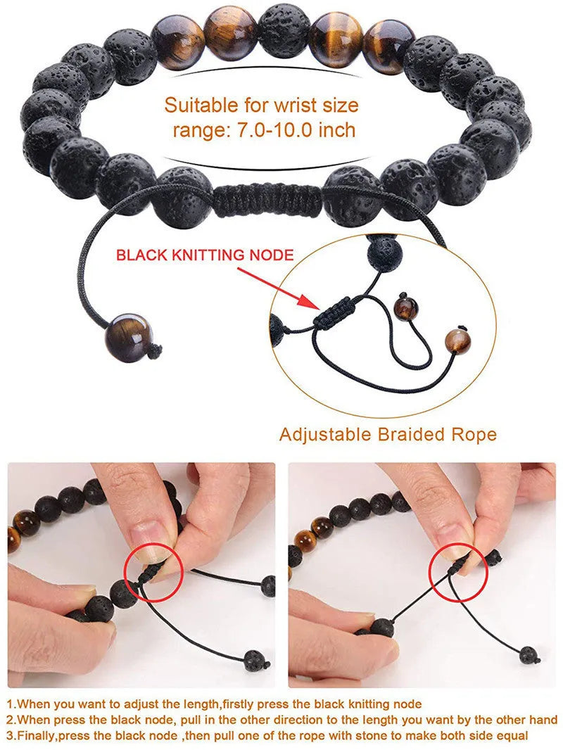 A pair of matte black agate bead bracelets with geometric design for him and her.