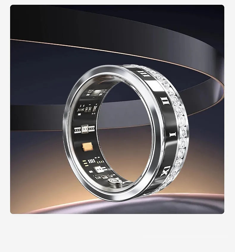 Gold and silver smart rings with diamond inlays displaying blood oxygen monitoring technology on a finger.