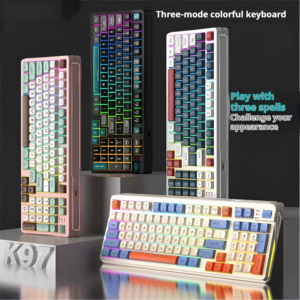Three-colour luminous mechanical-feel USB keyboard in desktop setup showing backlighting