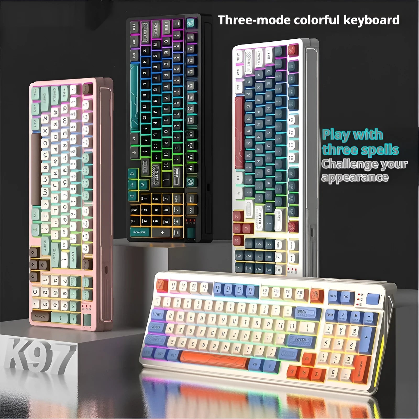 Three-colour luminous mechanical-feel USB keyboard in desktop setup showing backlighting