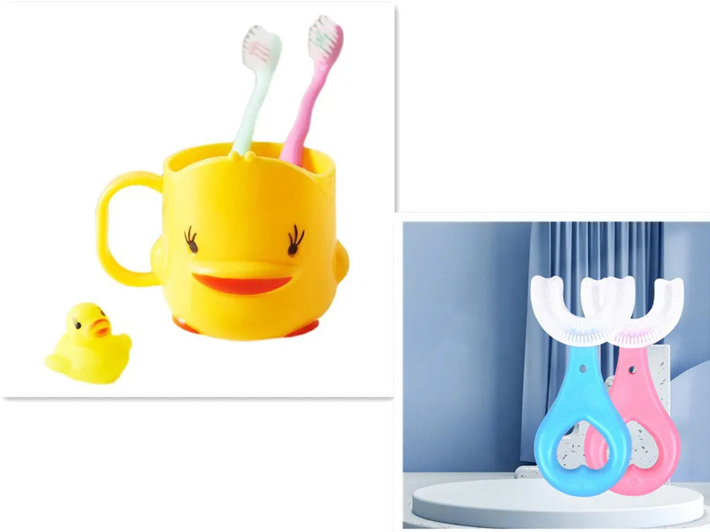 Children's U-shaped soft rubber toothbrush in pink and blue colours for milk teeth cleaning