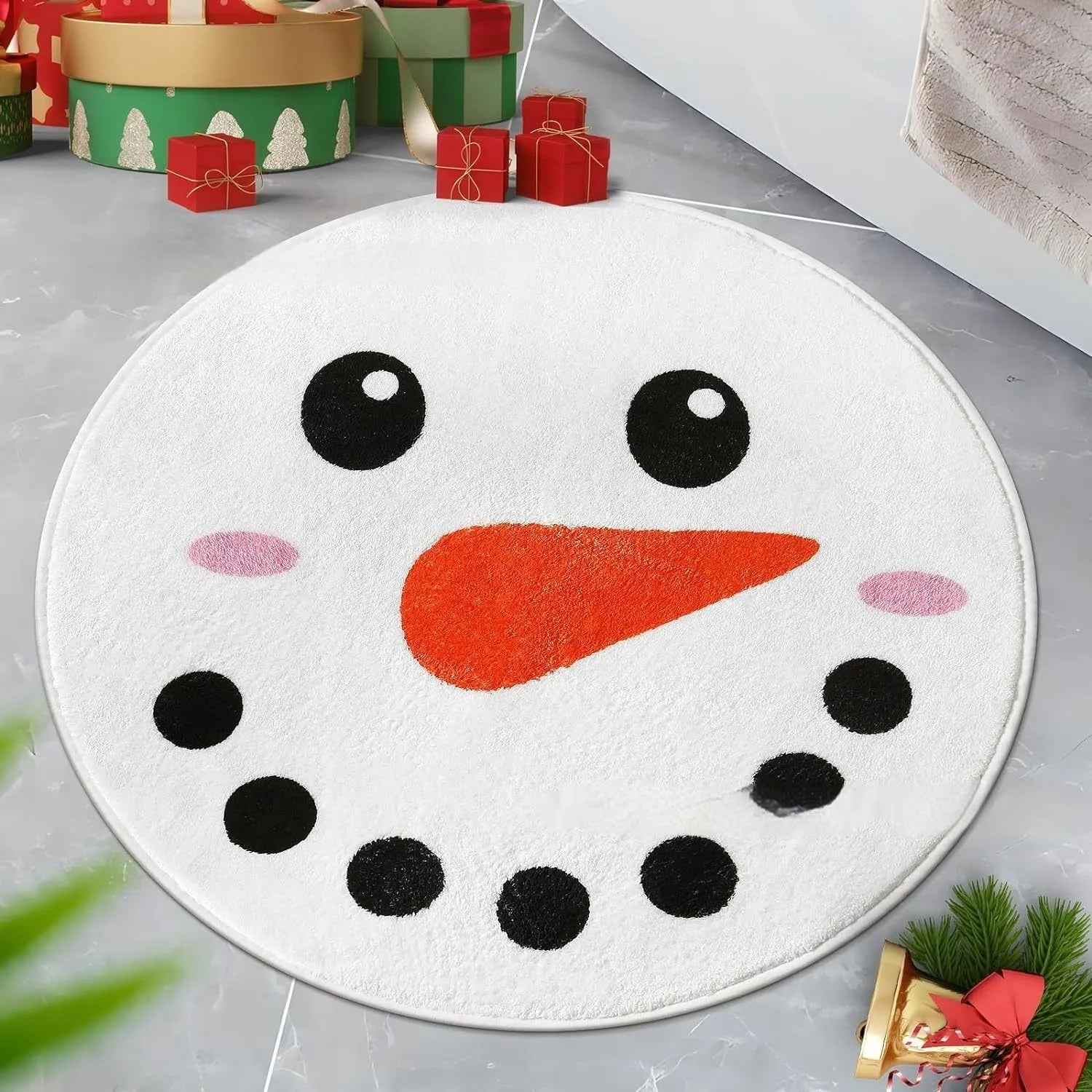 Christmas round pad polyester carpet on floor in 60cm or 80cm size, showing one of ten festive printed designs.