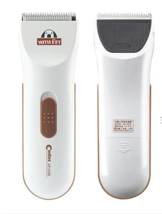 White electric pet hair clipper with ceramic blade for dog and cat grooming using AA batteries