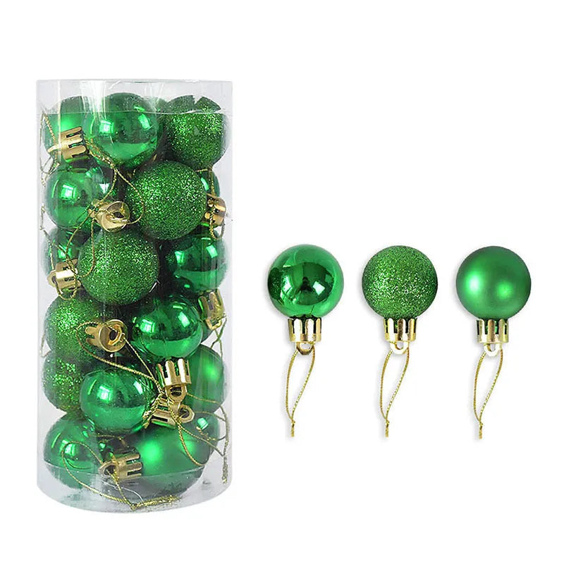 Assortment of shiny matte finish 3cm Christmas ball ornaments in gold, red, silver, and blue colours.