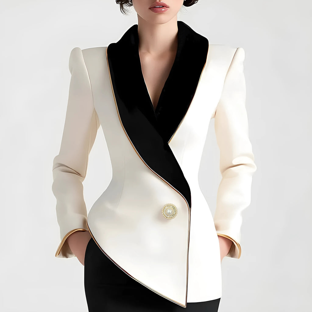 Women's milky white beige irregular coat with golden edge pearl buttons on TR fabric