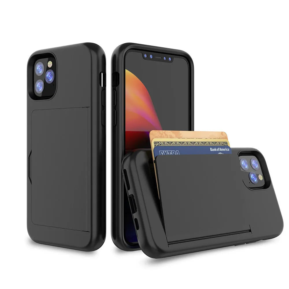 Slim black protective phone case for Apple iPhone 11, shown alongside red and blue colour options.