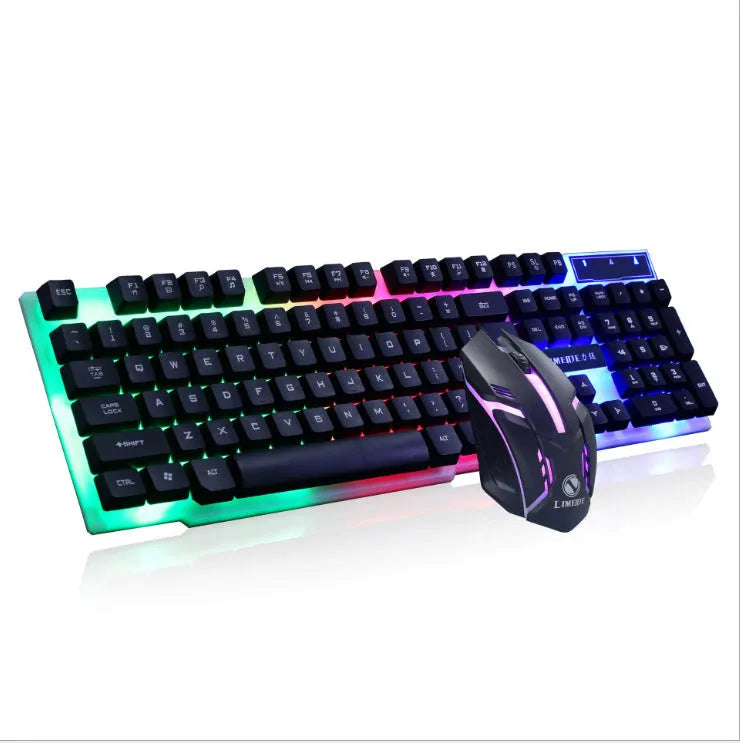 Limei Gtx300 wired USB gaming keyboard and mouse set in four colour options on a desktop.