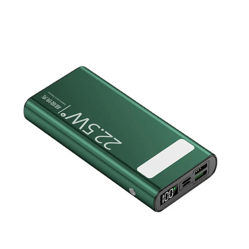 Alloy shell power bank with LCD display in black, blue, green, or red, showing 22.5W super fast charging.