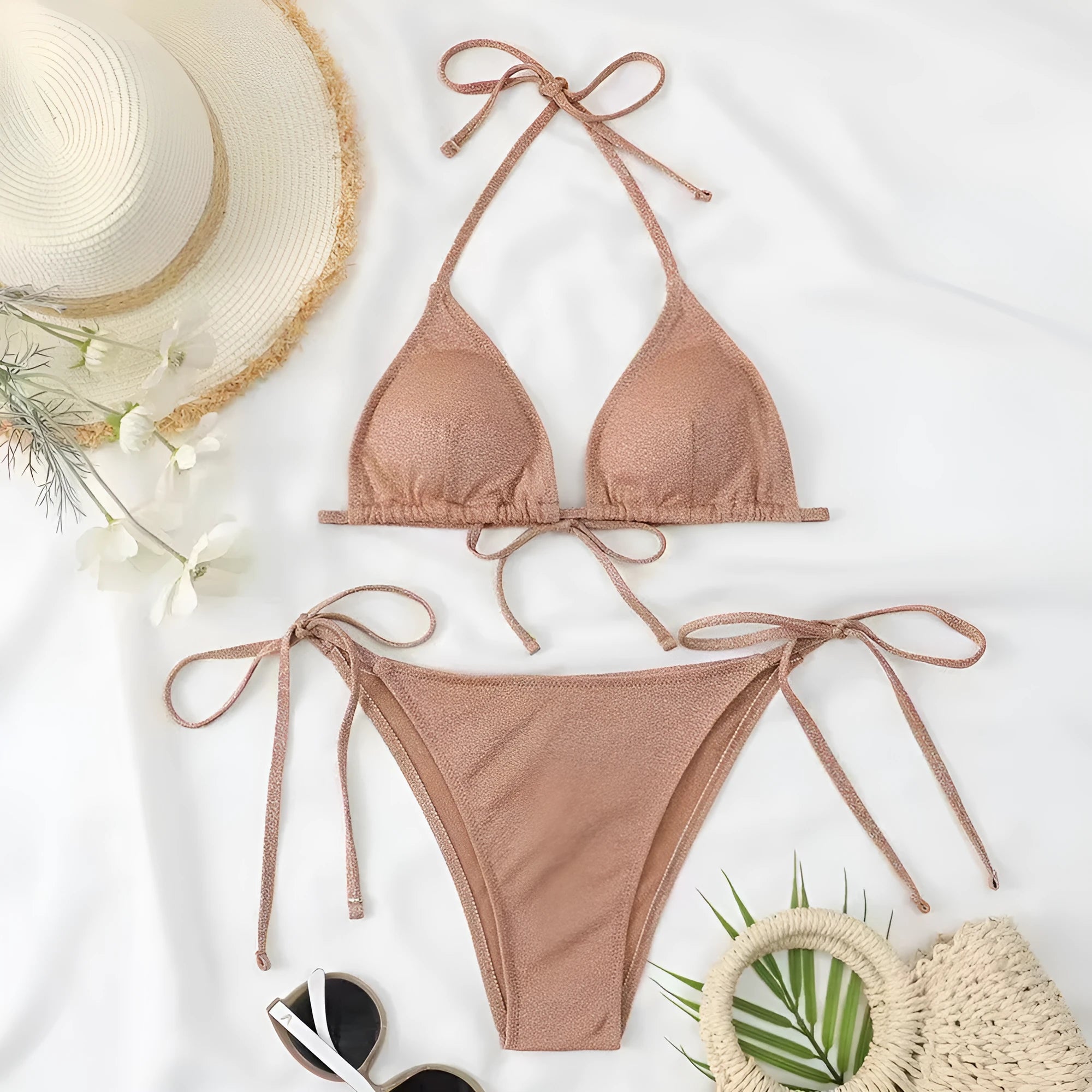 Women's khaki gold split bandage bikini swimsuit set on a model, showing the top and briefs.