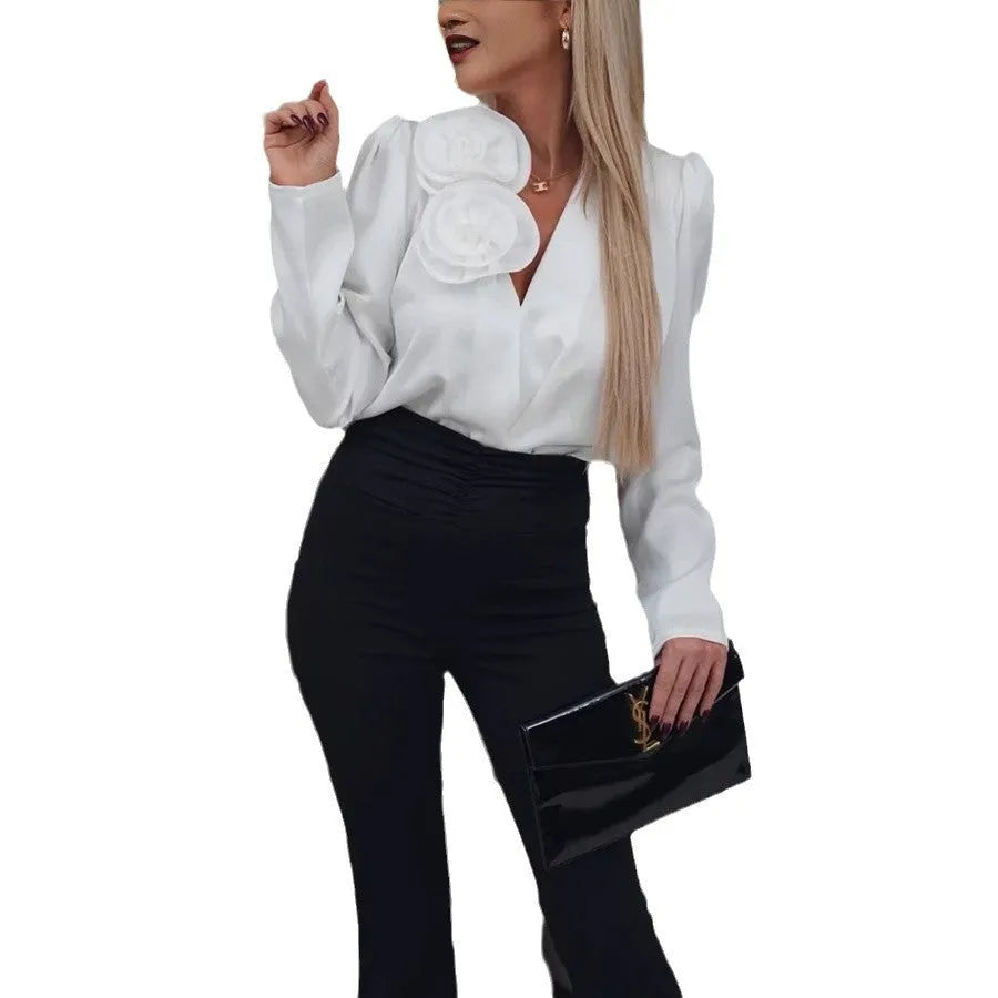 V-neck flower decoration satin long sleeve shirt top in wine red, loose fit polyester women's blouse