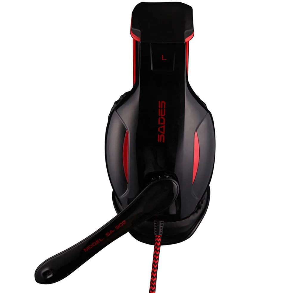 Black SADES SA902 wired USB gaming headset for PC with over-ear cups and microphone.