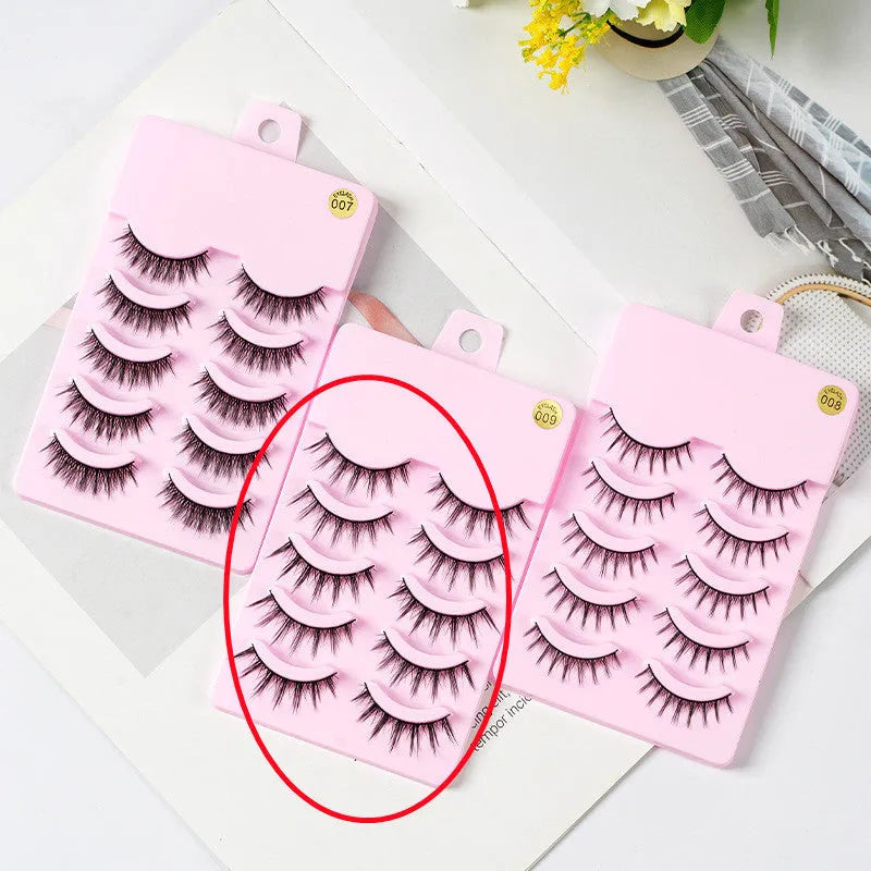 Set of 5 pairs natural wispy false eyelashes with black plastic base for Korean makeup and cosplay.