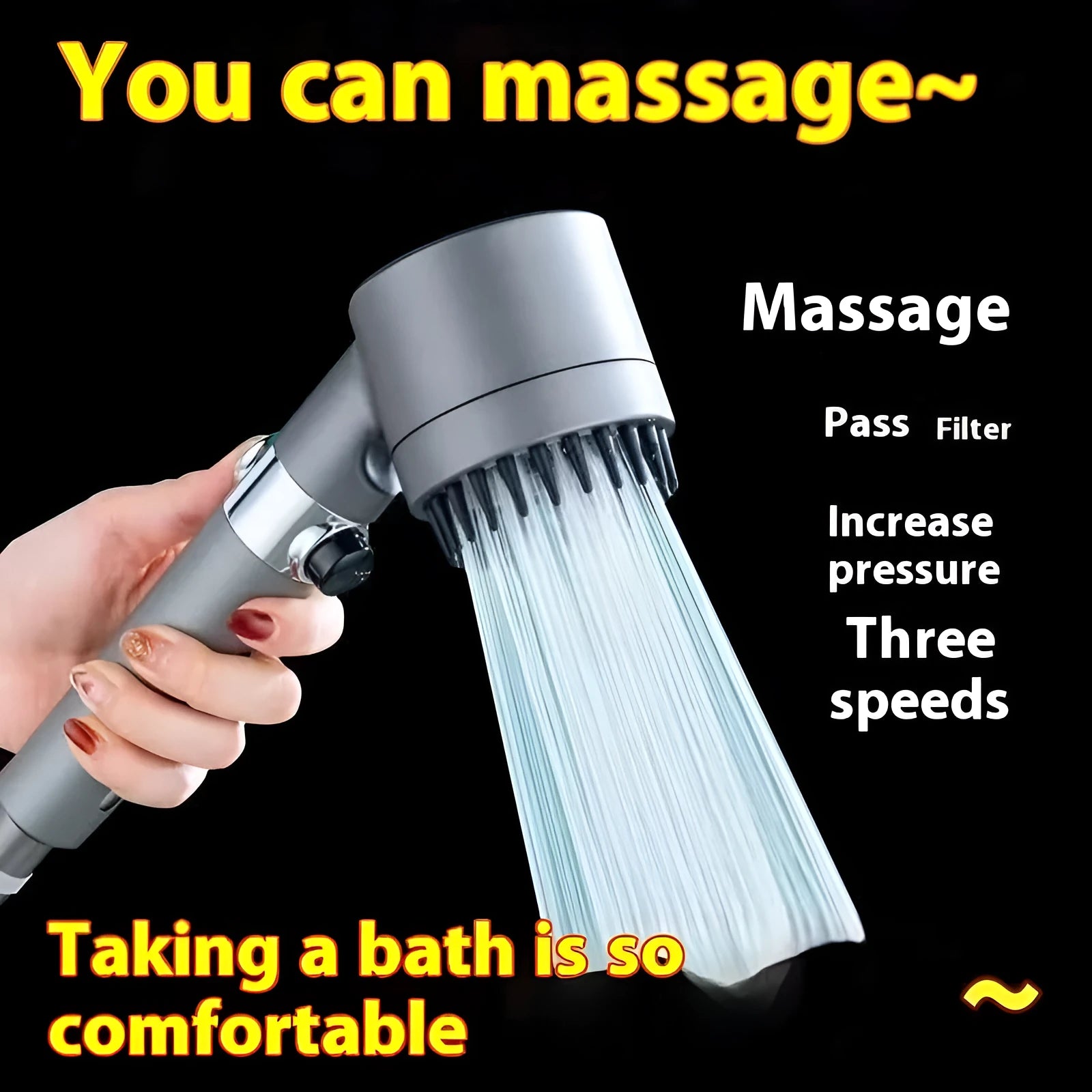 Portable white ABS shower head with three-gear dial for spray, massage, and rain functions.