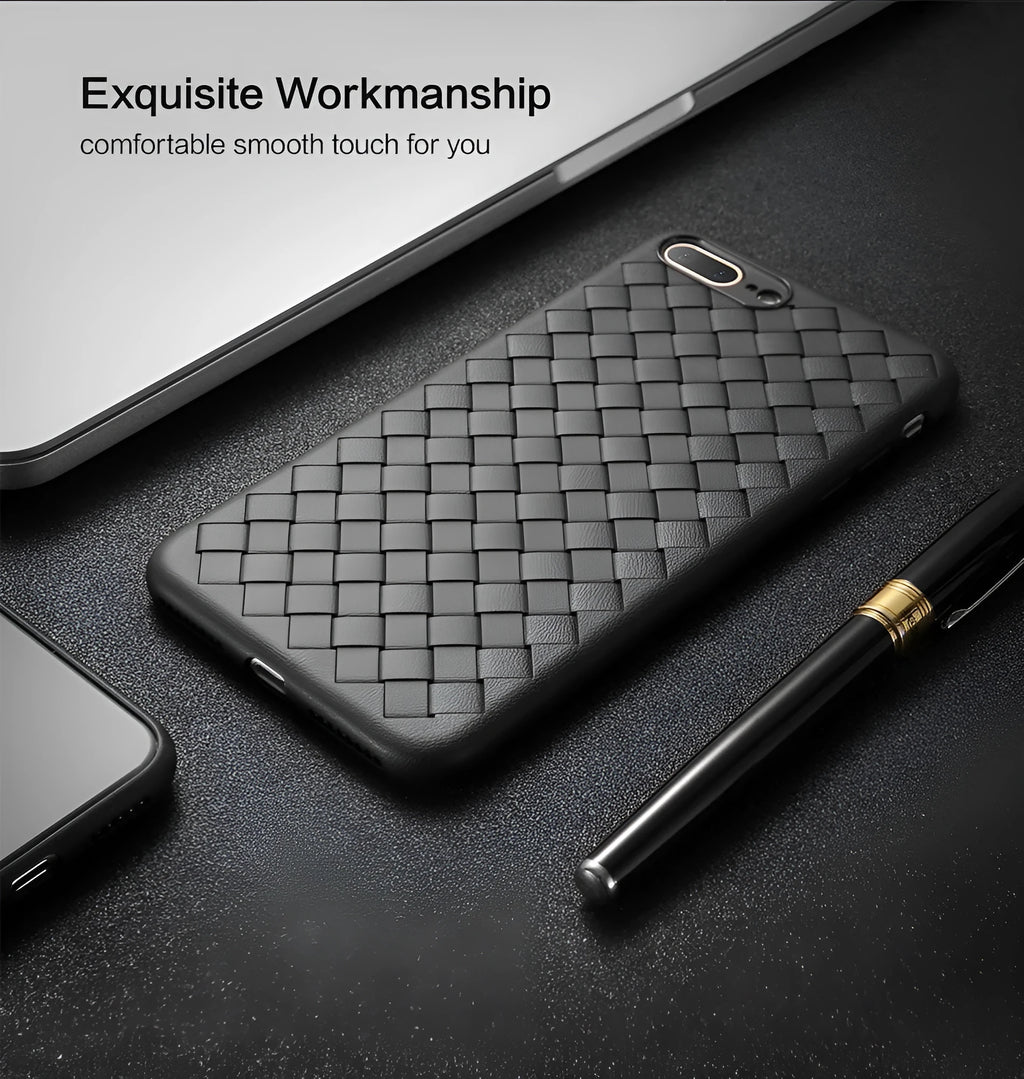 Luxury grid weave pattern TPU phone case for iPhone models in various colours showing raised edges and precise cutouts.