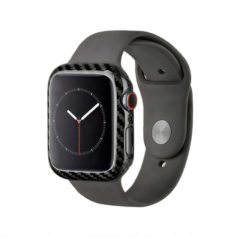 Apple Watch Series 4 carbon fibre half wrap leather case in 44mm size showing bright black and matt black colour options