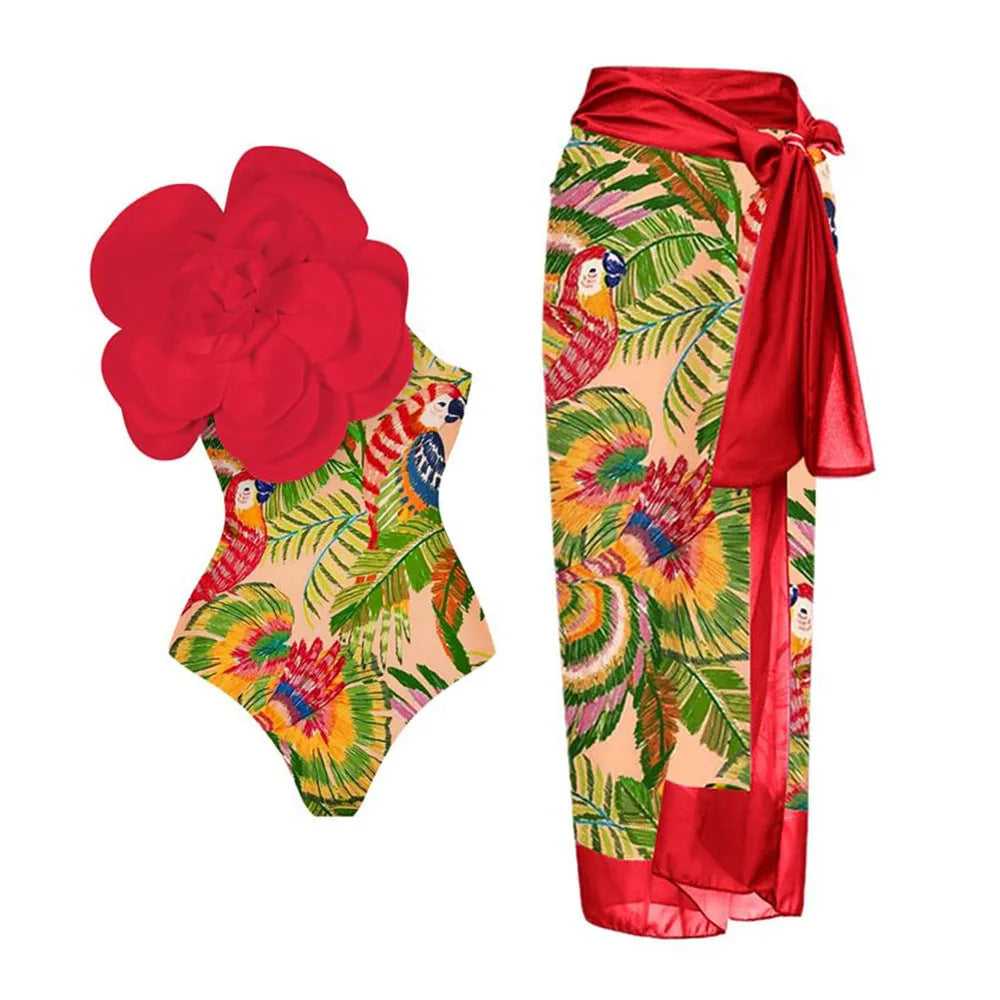 One-piece swimsuit with raised three-dimensional floral pattern in a solid colour, showing a tight European/American style fit.