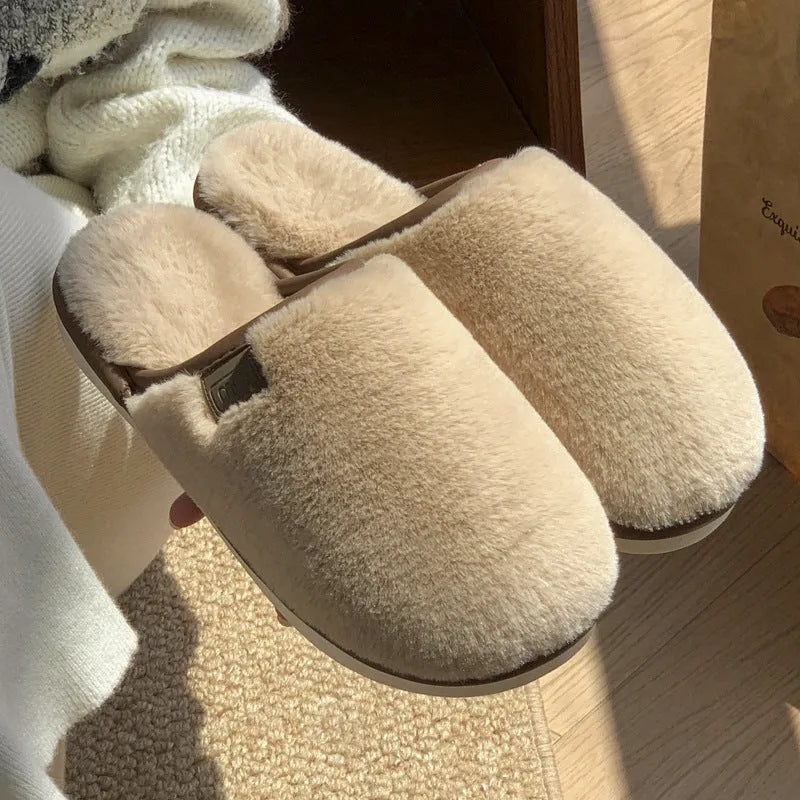 Solid colour winter plush slippers with PVC construction and non-slip sole