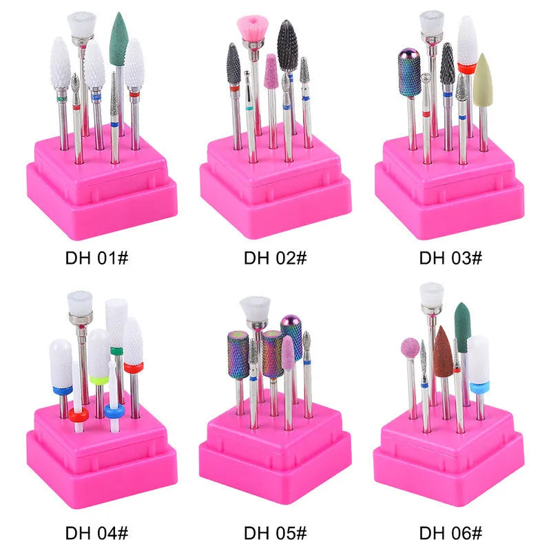 Tungsten steel nail drill bits and brush set in a clear case for manicure and pedicure.
