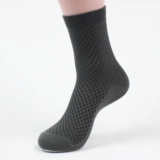 Men's bamboo fibre business socks with small square pattern in black, navy blue, and grey colours.