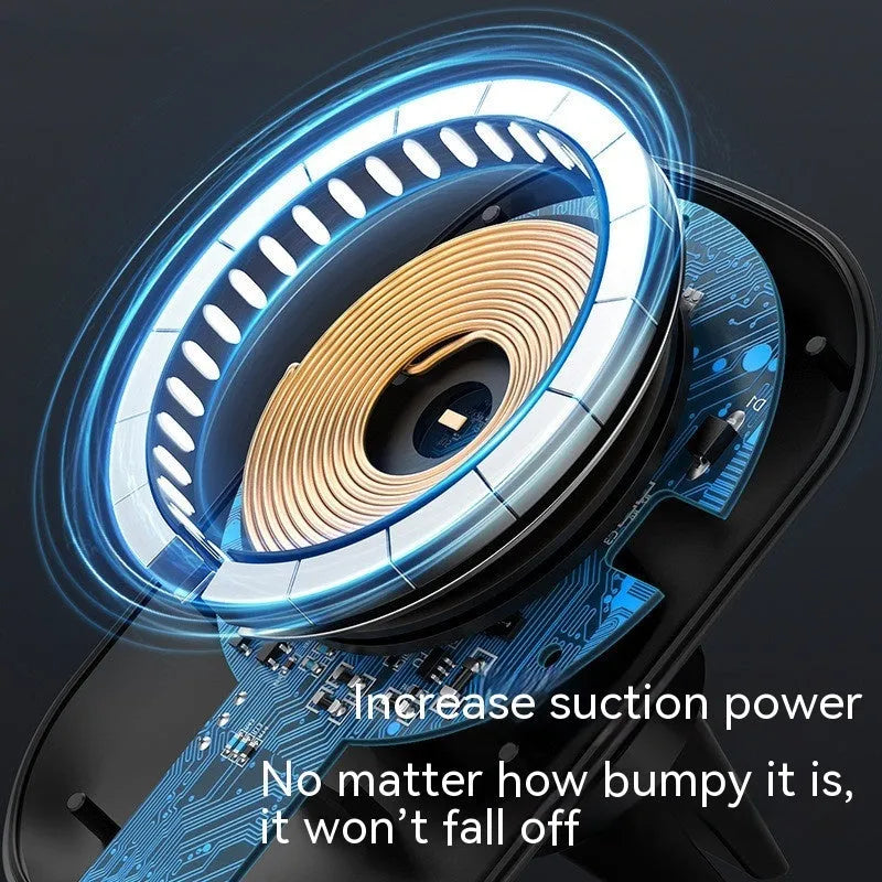 Black magnetic car wireless charging stand mounted on vehicle air vent with phone attached