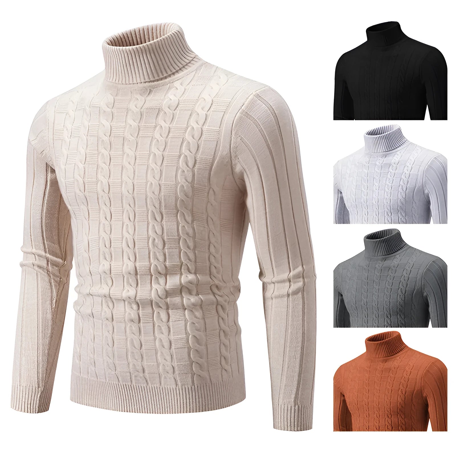 Men's slim fit chenille turtleneck pullover sweater showing twist texture design in beige colour