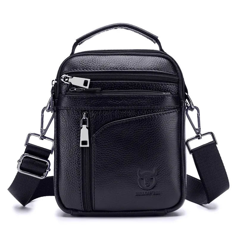 Black genuine leather mens shoulder messenger bag with European retro styling