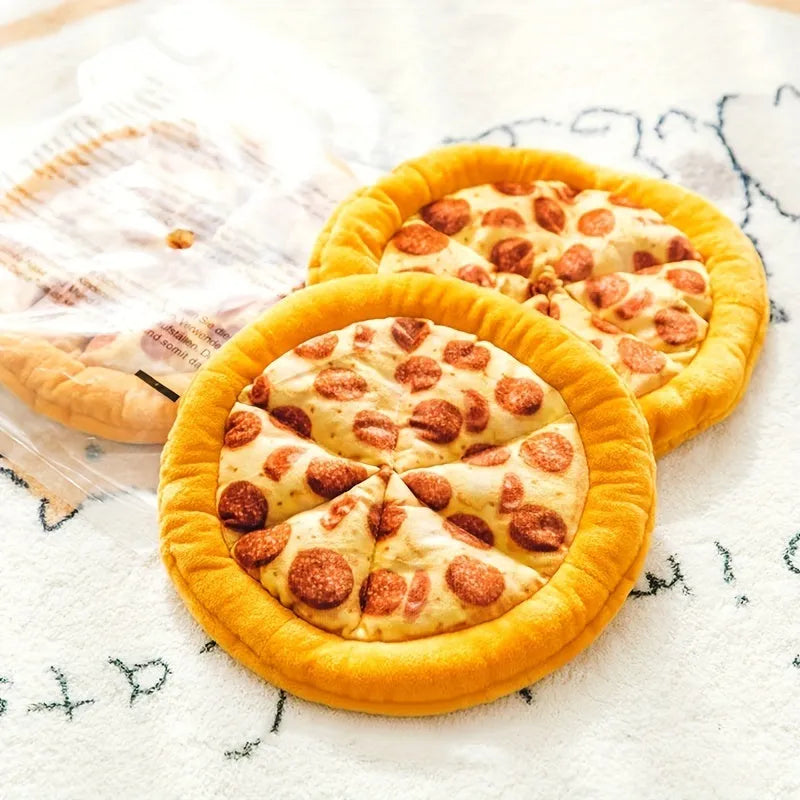 Yellow pizza slice dog chewing toy with squeaker made from teddy fabric