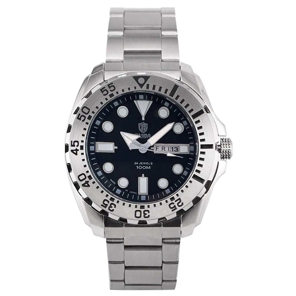 Men's waterproof quartz watch with luminous hands showing blue dial and steel bracelet option