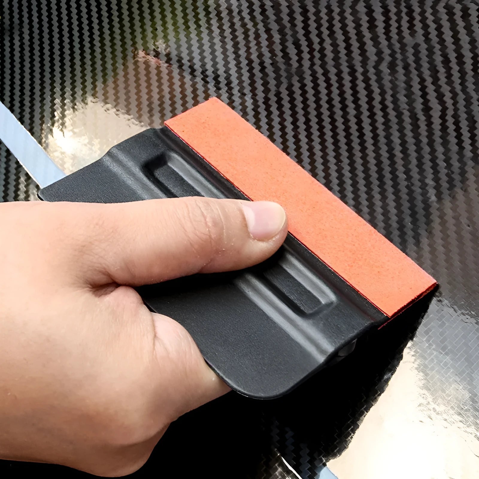 Car film scraper tool with ABS handle and four coloured scraping pads for vehicle wrap application.