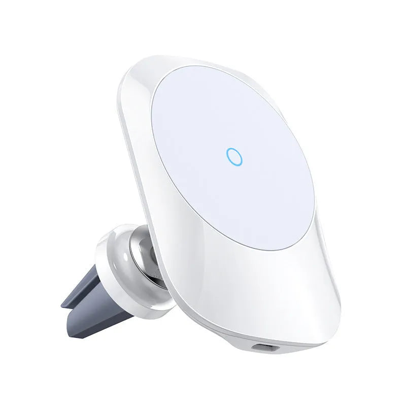 Black magnetic car wireless charging stand mounted on vehicle air vent with phone attached
