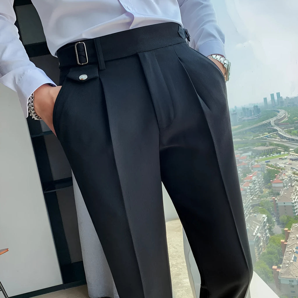 Men's solid colour straight-leg casual trousers in polyester fabric on a hanger.