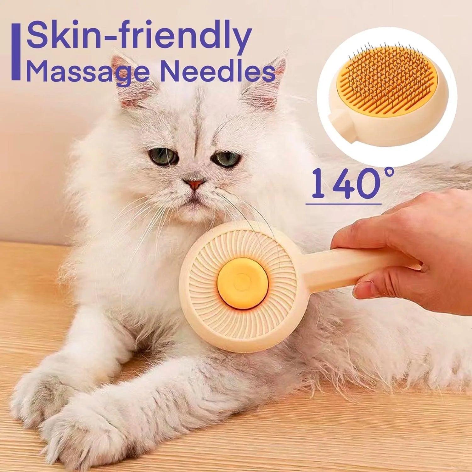 Blue and yellow pet grooming brush with metal pins and a self-cleaning button