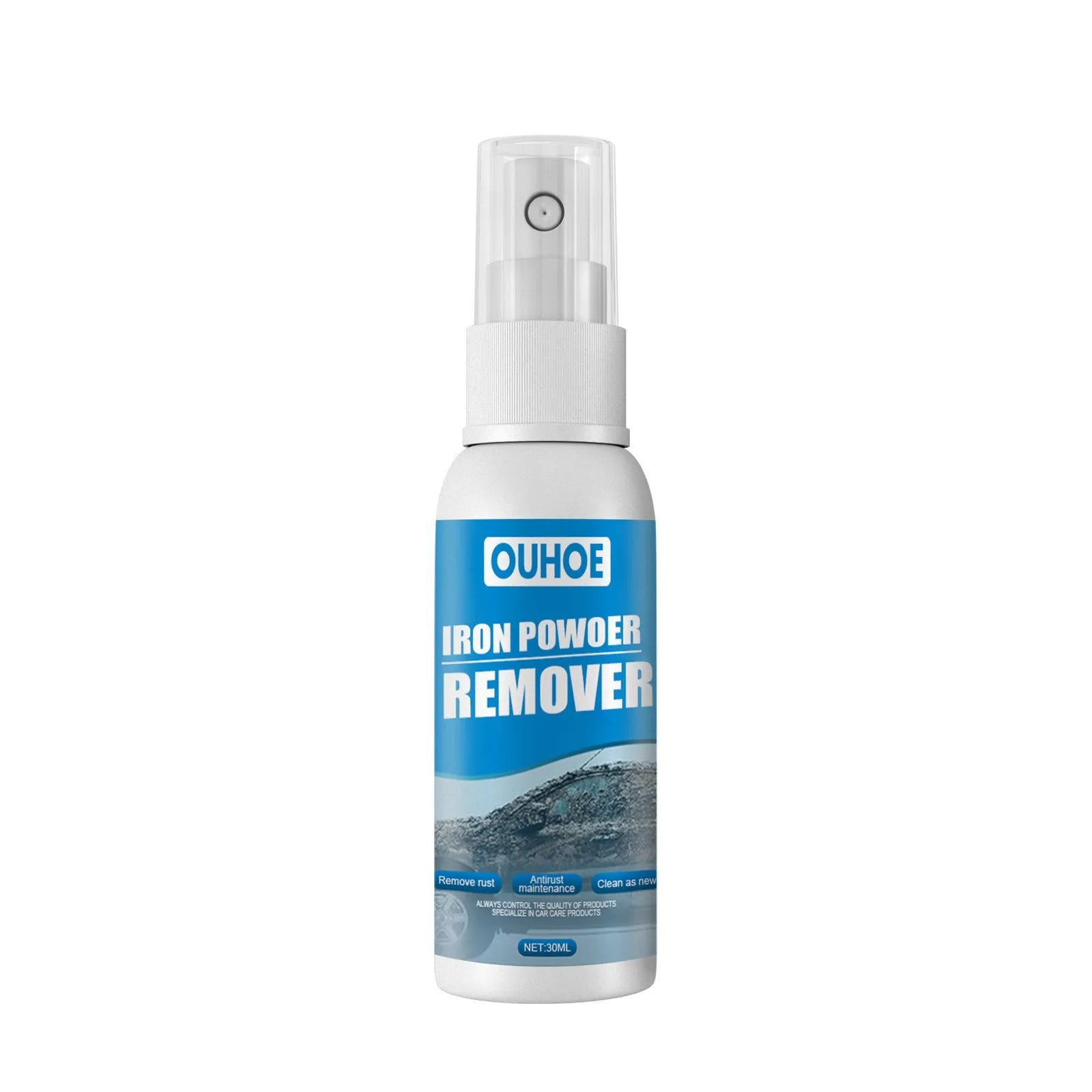 Automotive rust remover spray bottle and blue square sponge for car body corrosion treatment